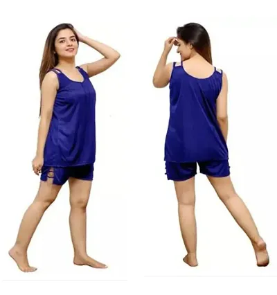 Womens Girls Soft Smooth Satin Fabric Nightwear Nightdress Night Suit Top Shorts Set Free Size (28 to 34 Inch)