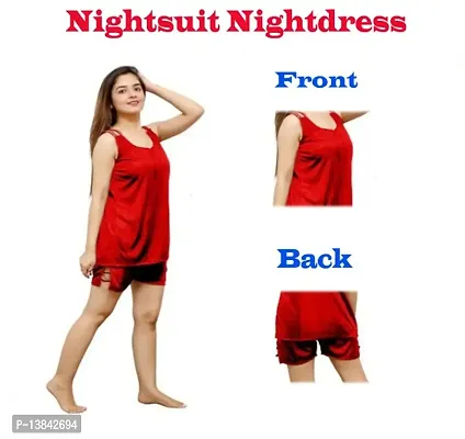 Womens  Girls Soft  Smooth Satin Fabric Nightwear Nightdress Night Suit Top  Shorts Set Free Size (28 to 34 Inch) Red