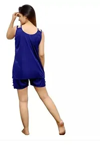 Womens  Girls Soft  Smooth Satin Fabric Nightwear Nightdress Night Suit Top  Shorts Set Free Size (28 to 34 Inch) Navy Blue-thumb1