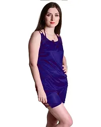 Womens  Girls Soft  Smooth Satin Fabric Nightwear Nightdress Night Suit Top  Shorts Set Free Size (28 to 34 Inch) Navy Blue-thumb2