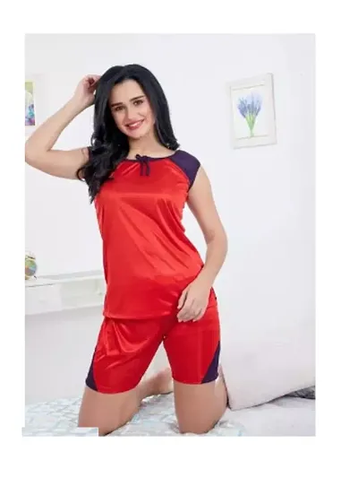 Womens Attractive Top  Shorts Baby dolls Night suit Dresses Sexy Night Dresses Red Color Free Size (28 to 34 Inch)