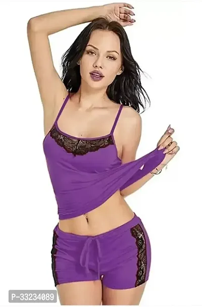 Classic Solid Top and Short Nighty for Women Purple Color Soft Fabric-thumb0