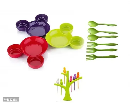 Unbreakable Eco-Friendly Children's Mickey Minnie Shaped Serving Food Plate with Spoon Fork (set of 3) and Fruit Fork