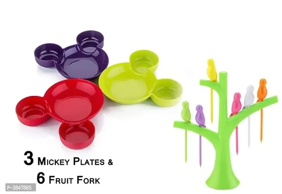 Unbreakable Eco-Friendly Children's Mickey Minnie Shaped Serving Food Plate with Fruit Fork Set with Stand, 6-Pieces