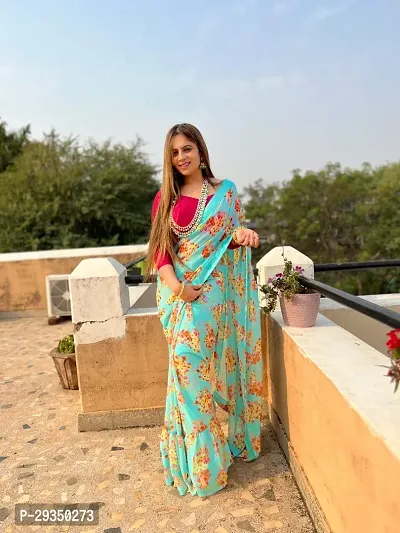 Elegant Turquoise Georgette Printed Saree With Blouse Piece