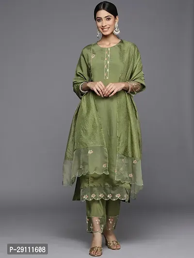 Attractive Green Embroidered Cotton Blend Kurta Pant With Dupatta-thumb0