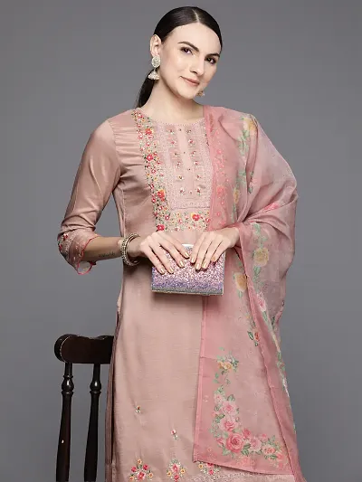 Stylish Silk Blend Embroidered Kurta with Bottom and Dupatta Set