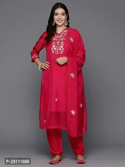 Attractive Red Embroidered Organza Kurta Pant With Dupatta-thumb0