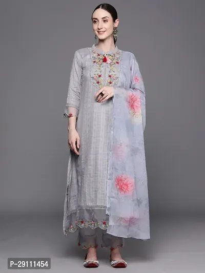 Attractive Grey Embroidered Cotton Kurta Pant With Dupatta-thumb0