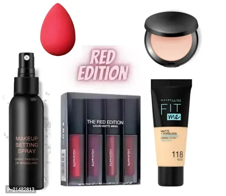 Combo Of ( Fixer Foundation Red Edition 4 Mini Lipstick And Compact Powder Puff ( Pack Of 5 Items )-thumb0