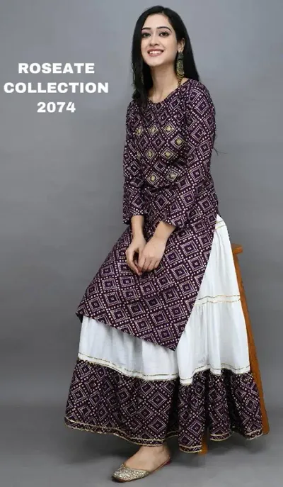 Women Bandhani Print Rayon Straight Kurti With Skirt