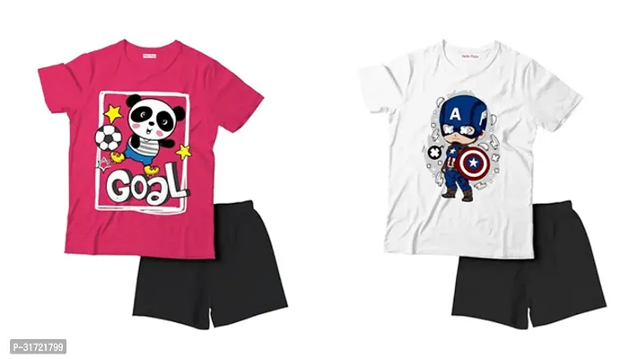 Elegant Cotton Printed T-Shirts with Shorts For Kids- Set Of 2-thumb0