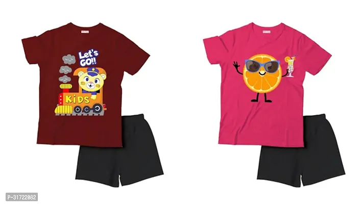 Elegant Cotton Printed T-Shirts with Shorts For Kids- Set Of 2-thumb0