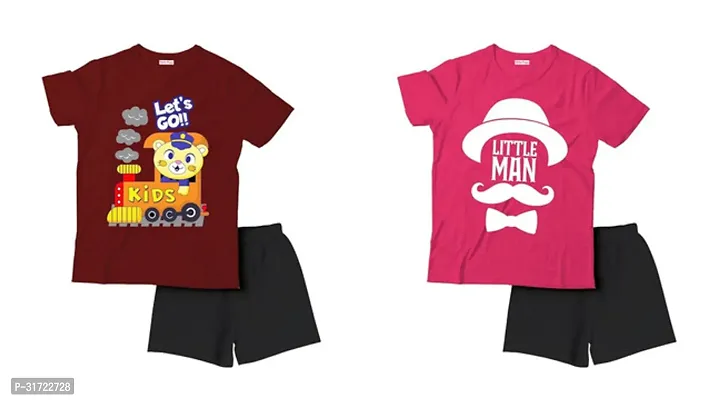 Elegant Cotton Printed T-Shirts with Shorts For Kids- Set Of 2-thumb0