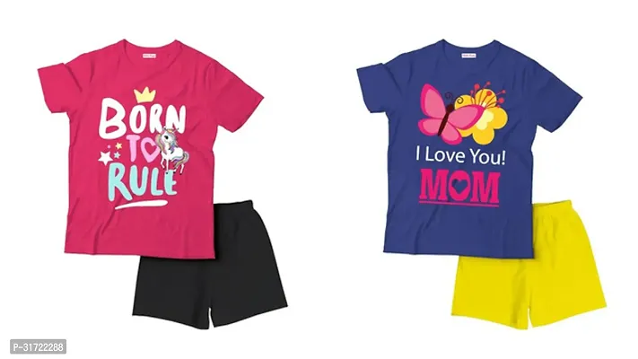 Elegant Cotton Printed T-Shirts with Shorts For Kids- Set Of 2-thumb0