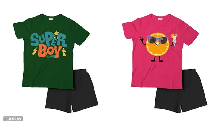 Elegant Cotton Printed T-Shirts with Shorts For Kids- Set Of 2-thumb0