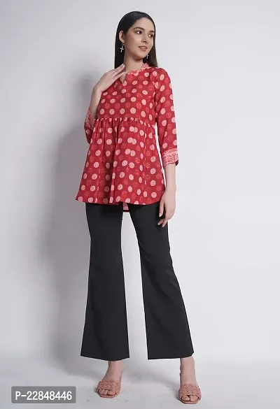 ALL YOURS Women's Red Cotton Mandarin Collar Peplum Top-thumb3