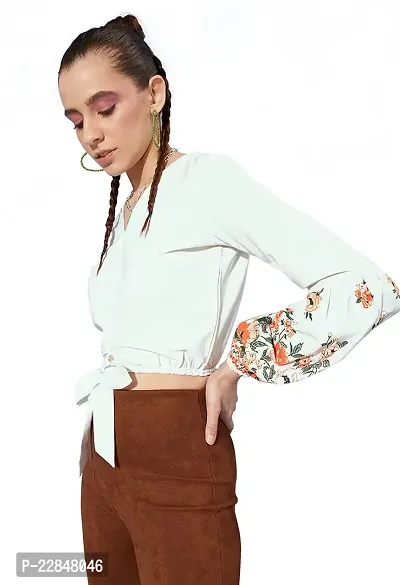 ALL YOURS Women's White  Green Floral Print Puff Sleeves Crepe Crop Top with Tie-Ups Detail