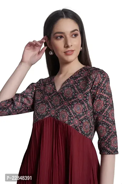 ALL YOURS Maroon Pleated Flare Dress with Printed Yoke