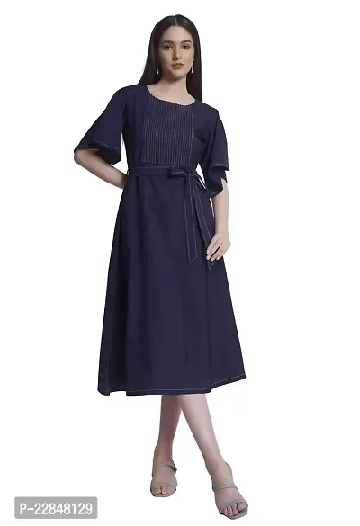 ALL YOURS Blue Constrast Stitch Dress with Belt-thumb0