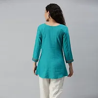 SheWill Teal Green Cotton Blend Geometric Print Embroidered A-Line Tunic-thumb2