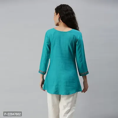 SheWill Teal Green Cotton Blend Geometric Print Embroidered A-Line Tunic-thumb3