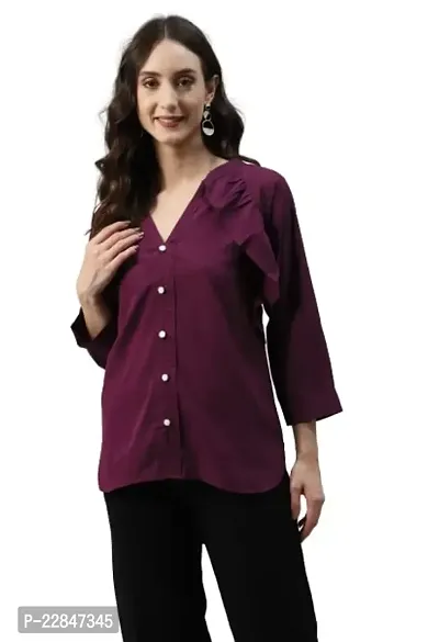 SheWill Burgundy Mandarin Collar High-Low Crepe Top, Up Down Top for Casual, Office, Collage Outing Wear for Girls