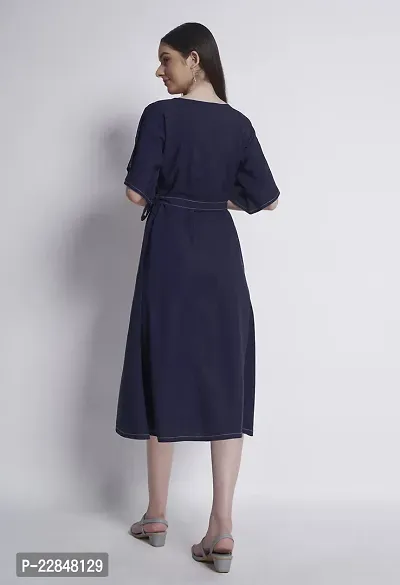 ALL YOURS Blue Constrast Stitch Dress with Belt-thumb3