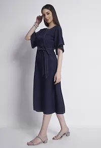 ALL YOURS Blue Constrast Stitch Dress with Belt-thumb3