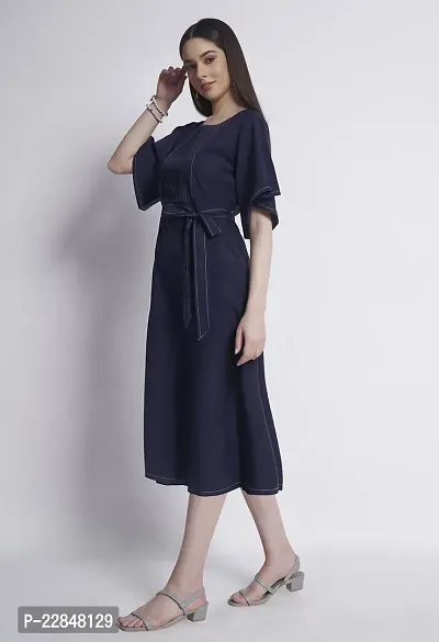 ALL YOURS Blue Constrast Stitch Dress with Belt-thumb4
