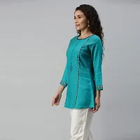 SheWill Teal Green Cotton Blend Geometric Print Embroidered A-Line Tunic-thumb3