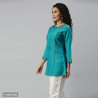 SheWill Teal Green Cotton Blend Geometric Print Embroidered A-Line Tunic-thumb4