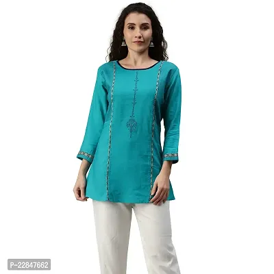 SheWill Teal Green Cotton Blend Geometric Print Embroidered A-Line Tunic-thumb0