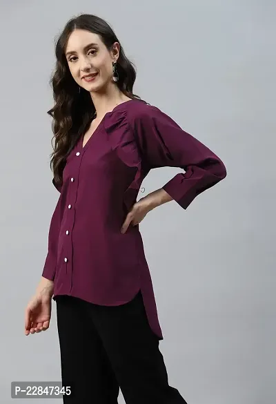 SheWill Burgundy Mandarin Collar High-Low Crepe Top, Up Down Top for Casual, Office, Collage Outing Wear for Girls-thumb4
