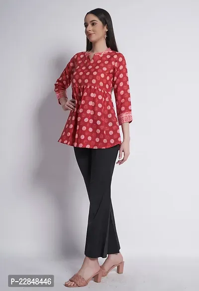 ALL YOURS Women's Red Cotton Mandarin Collar Peplum Top-thumb4