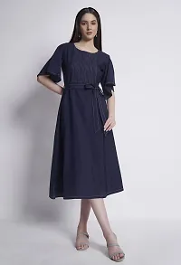 ALL YOURS Blue Constrast Stitch Dress with Belt-thumb1