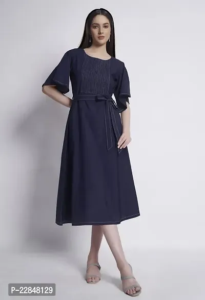 ALL YOURS Blue Constrast Stitch Dress with Belt-thumb2