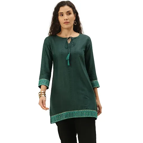 SheWill Cotton Blend Solid Sequance Embroidered Fit & Flare Tunic