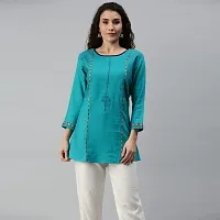 SheWill Teal Green Cotton Blend Geometric Print Embroidered A-Line Tunic-thumb4