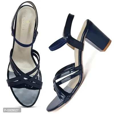 XE Looks Navy Cross Strap Block Heel Sandals for Women-thumb2