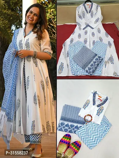 Stylish White Printed Kurta, Bottom and Dupatta Set For Women-thumb2