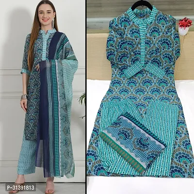 Stylish Blue Cotton Blend Printed Kurta, Bottom and Dupatta Set For Women