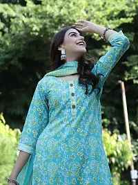 Stylish Turquoise Cotton Blend Printed Kurta, Bottom and Dupatta Set for Women-thumb4