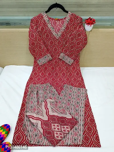 Beautiful Red Cotton Blend Printed Straight Kurta, Bottom And Dupatta Set For Women-thumb0