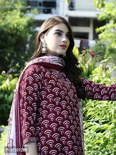 Stylish Maroon Cotton Blend Printed Kurta, Bottom and Dupatta Set For women-thumb3