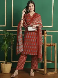 Stylish Red Cotton Blend Printed Kurta, Bottom and Dupatta Set for Women-thumb1