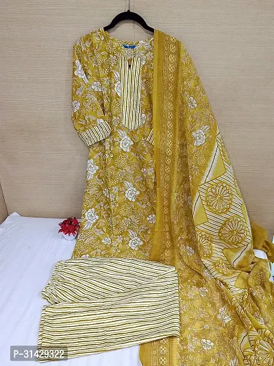 Stylish Mustard Cotton Blend Printed Kurta, Bottom and Dupatta Set for Women-thumb0