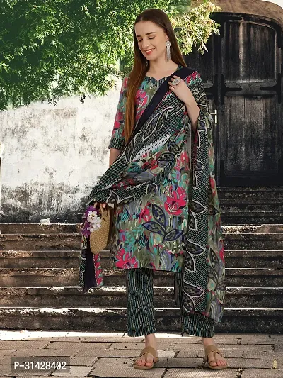 Stylish Multicoloured Cotton Blend Printed Kurta, Bottom and Dupatta Set For Women-thumb0