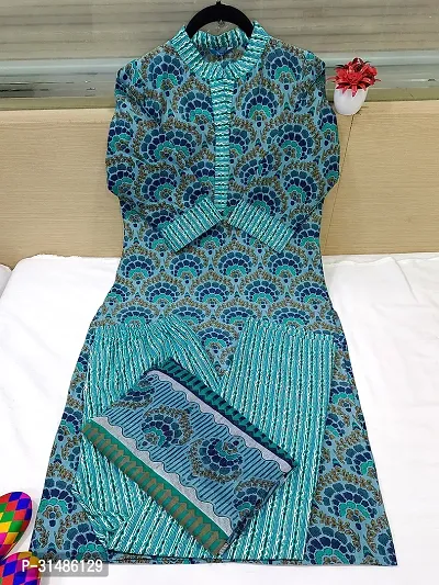 Beautiful Green Cotton Blend Printed Straight Kurta, Bottom And Dupatta Set For Women-thumb0