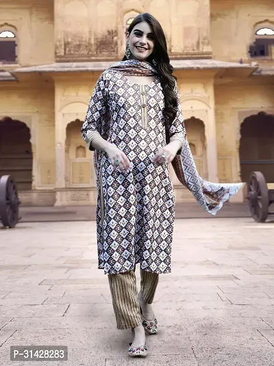 Attractive Beige Printed Cotton Blend Kurta Pant With Dupatta For Women-thumb0